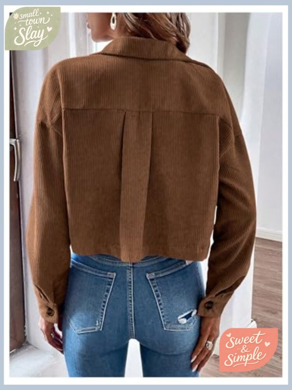 Corduroy Cropped Shacket Jacket Lightweight Long Sleeve Button Down - Picture 2 of 7